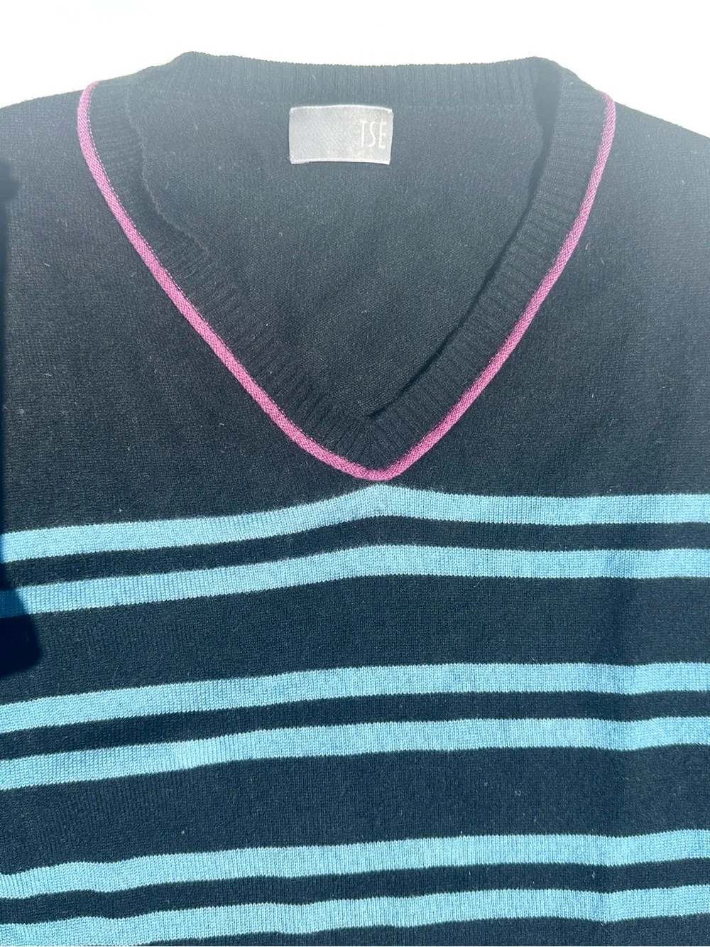 TSE 100% Cashmere Men's V-Neck Striped Sweater in Black, Light Blue, Purple, S